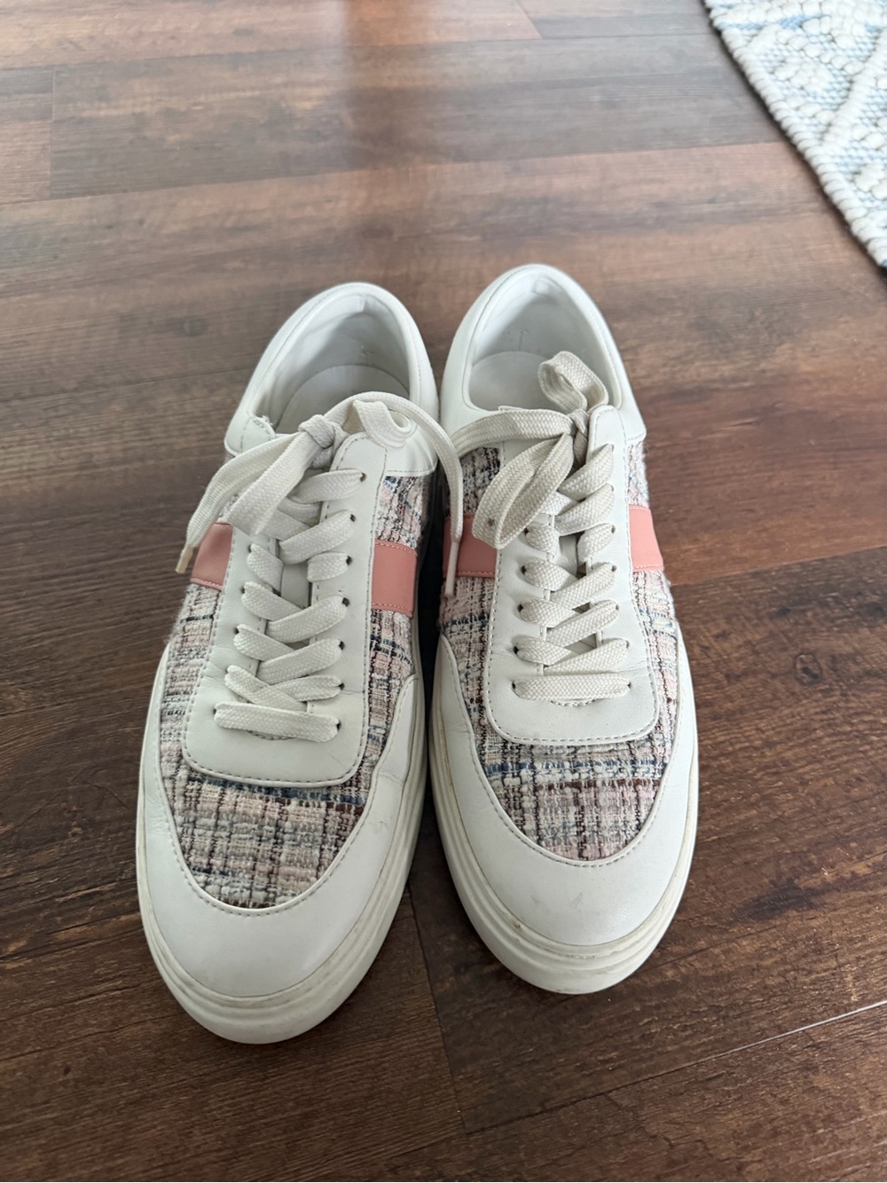 Stuart Weitzman White Leather Sneakers with Pink Tweed Accent
